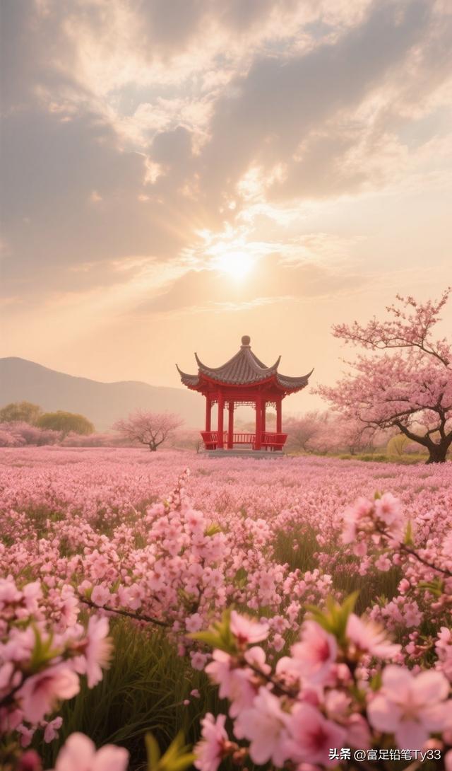 粉嫩花海拥古风亭台 一步踏入幻梦之境