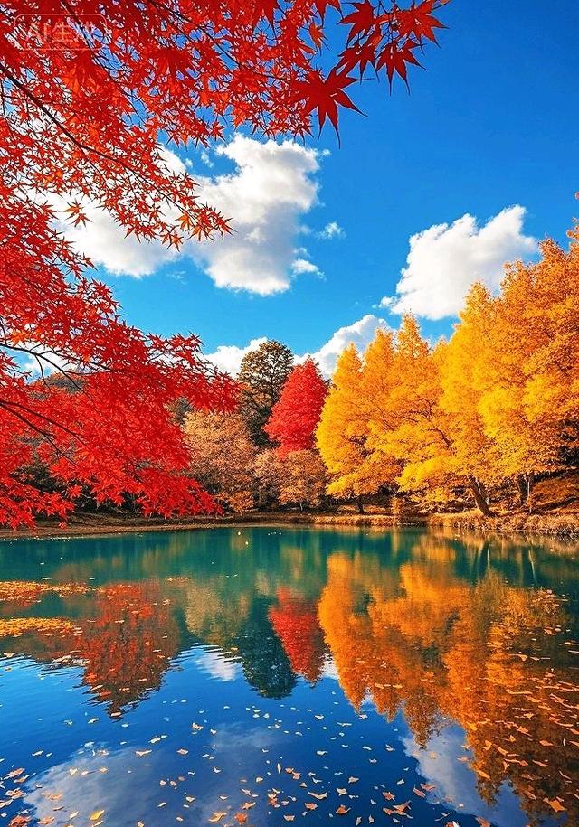 一湖秋韵：红金枫影落清波
