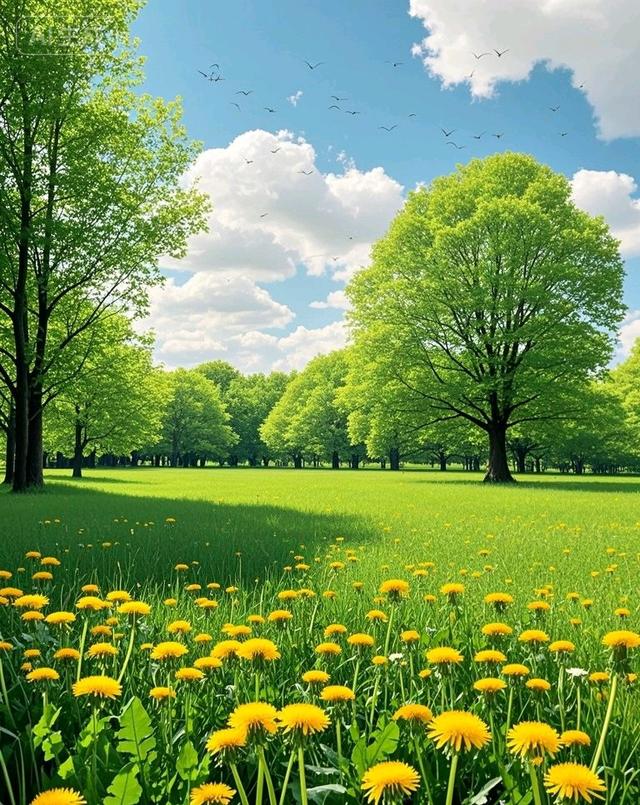 在蒲公英花海的阳光里，绿树盎然绿意，这风景太治愈了