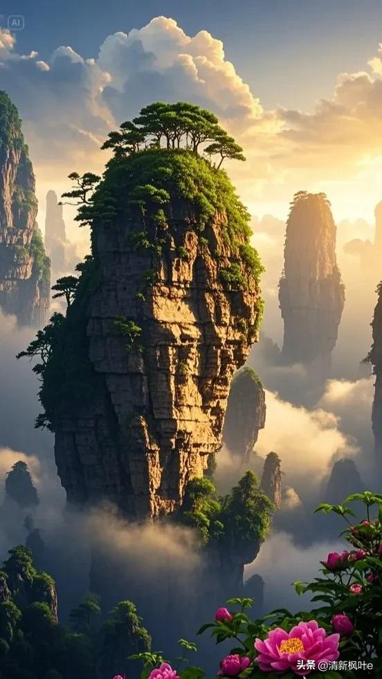 在云雾缭绕的奇幻之境，张家界悬浮山宛如超脱尘世的仙岛傲然矗立