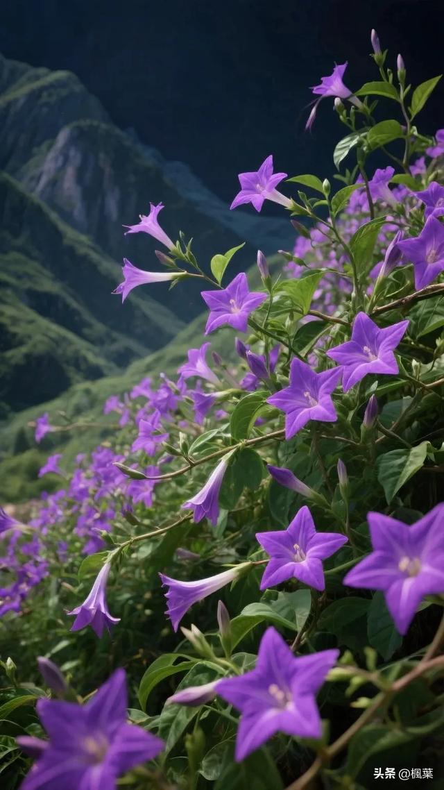 山谷中紫色的羽叶茑萝五角星花盛开，花朵密集地开满花枝。