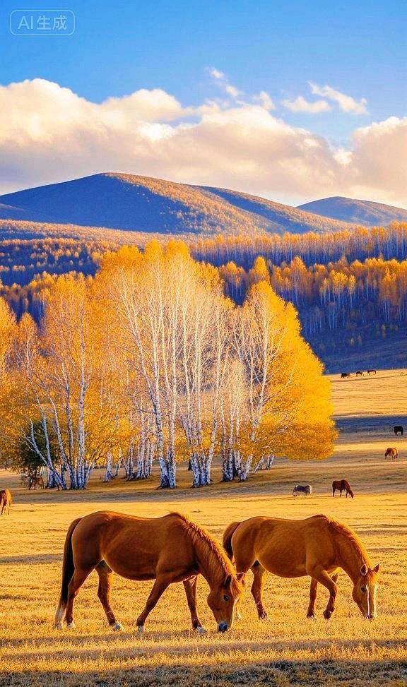 斑斓树影下，秋原里的自在马群