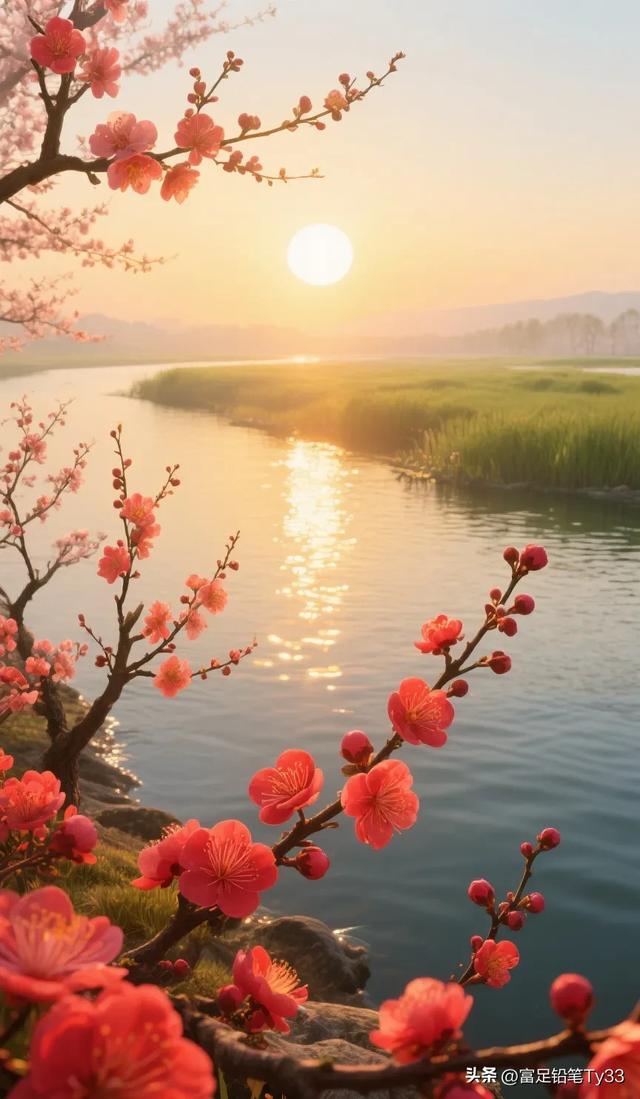 夕阳西下，粉嫩樱花与余晖相映，静谧湖面金光闪烁，美如梦幻之境