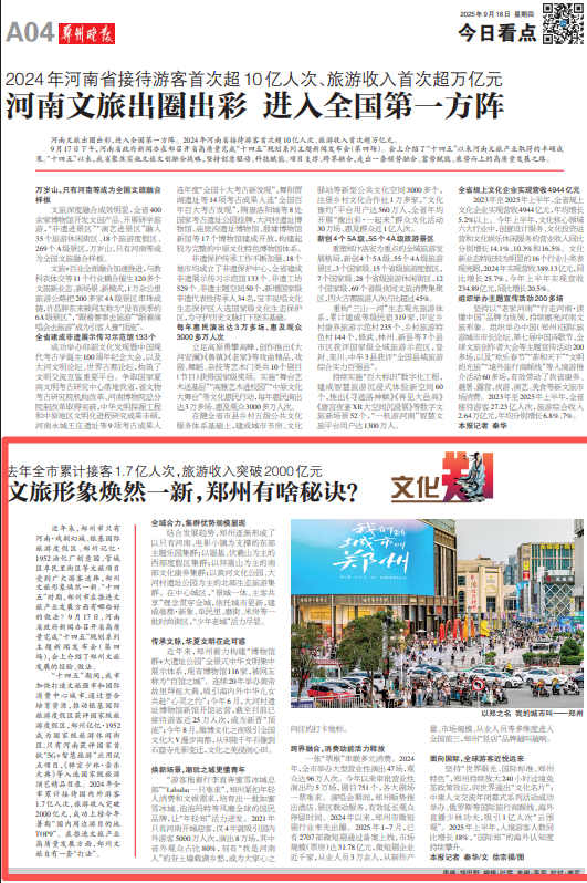 去年全市累计接客1.7亿人次，旅游收入突破2000亿元 文旅形象焕然一新，郑州有啥秘诀？