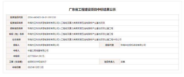广东：2.2亿元！珠海方正AI算力电路板基地土建项目中标！