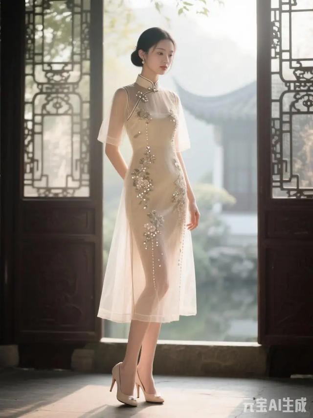 米白色梦幻旗袍美女图片鉴赏（末尾附ai提示词）