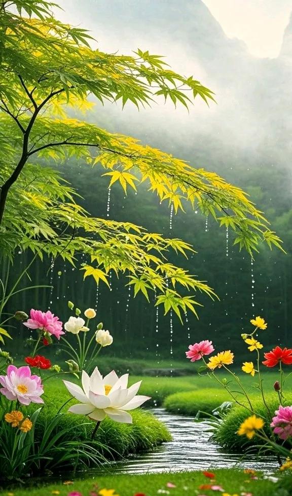 翠树临溪，繁花绽野，青山作伴的宁静美好