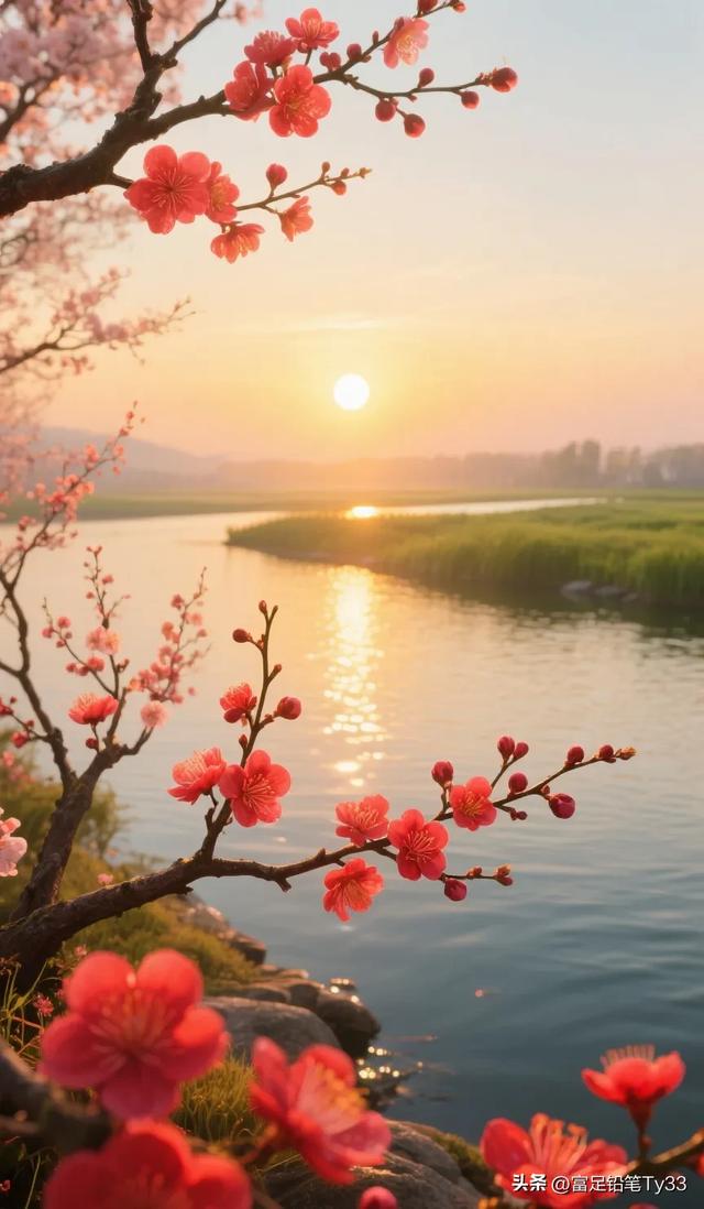 夕阳西下，粉嫩樱花与余晖相映，静谧湖面金光闪烁，美如梦幻之境