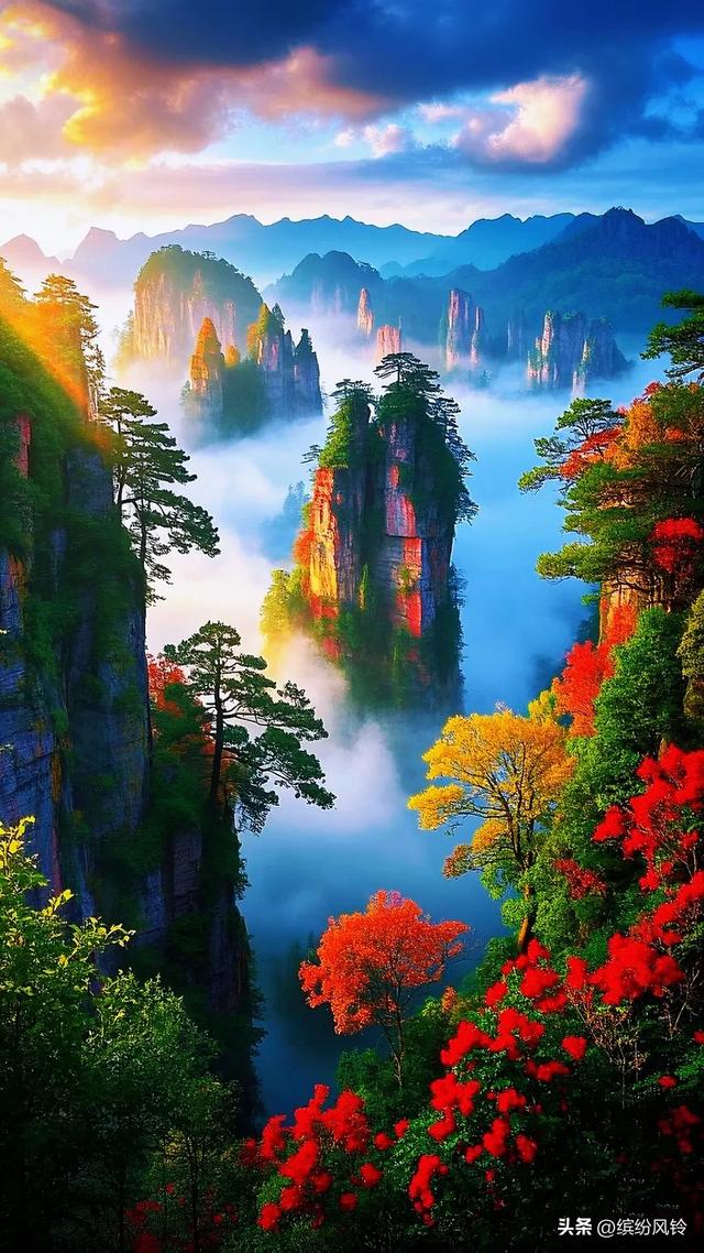 云雾若轻纱，缠绕于嶙峋石柱之间