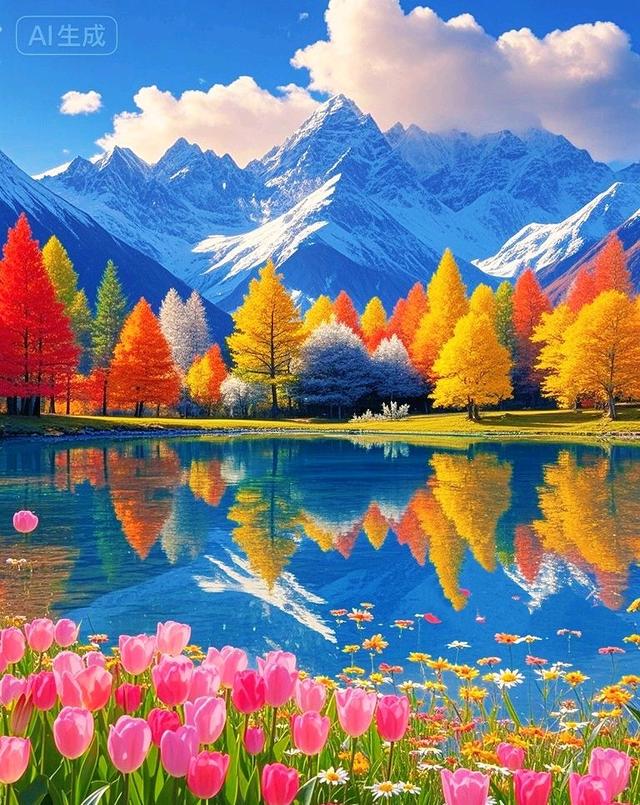 雪山遇见秋林花海，天地间的色彩狂欢