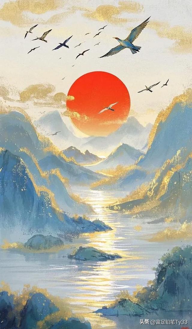 梦幻时分日西沉，云海翻涌浪波奔，金光闪耀天际处，瑰丽壮美动人