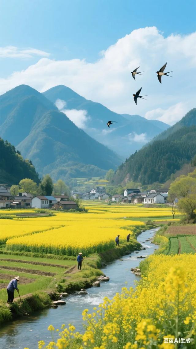 春日田园风光，金黄花海与山川相映成趣，鸟儿飞翔，人间仙境！