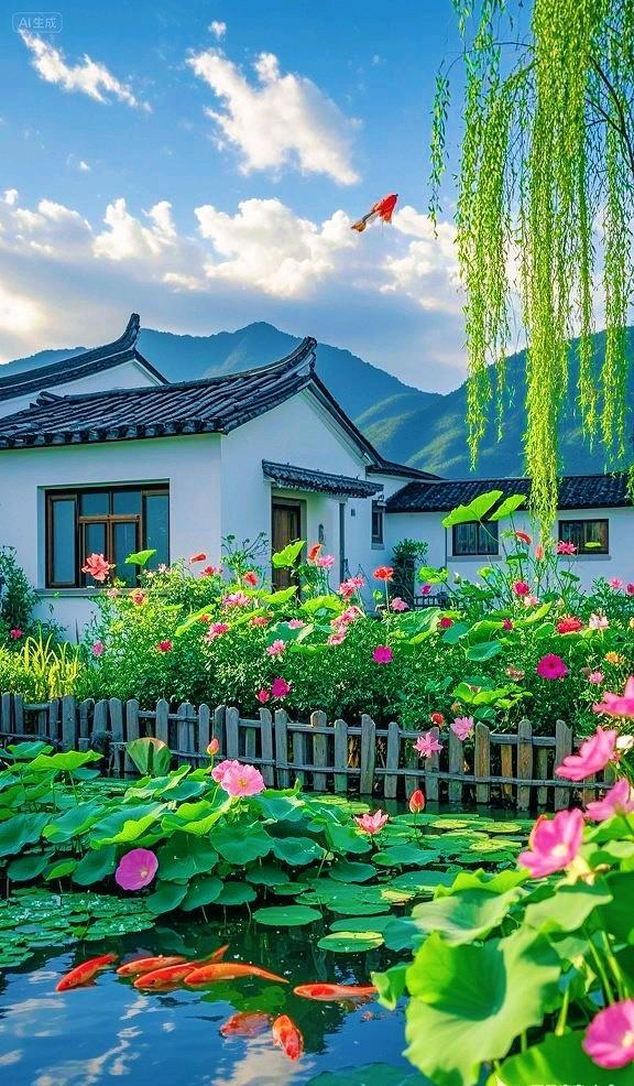 一池荷塘锦鲤游，半院白墙黛瓦幽