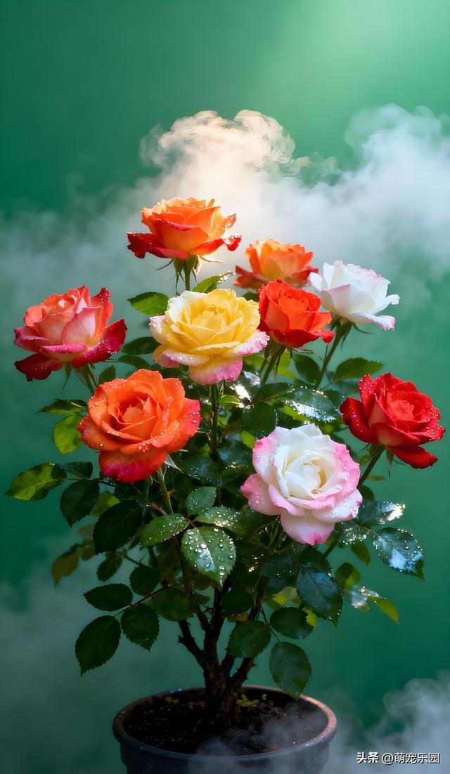 花盆里长出三色玫瑰	，粉色红色白色同枝绽放，我惊呆了
