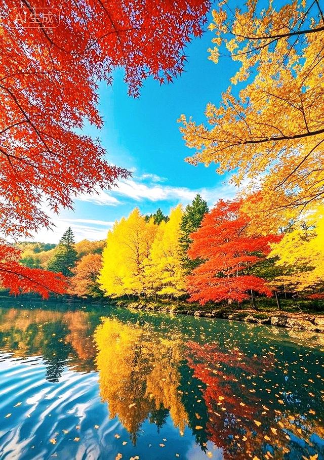 一湖秋韵：红金枫影落清波