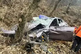 小米SU7滚坠二三十米高山崖，翻转后被树挡住！图片