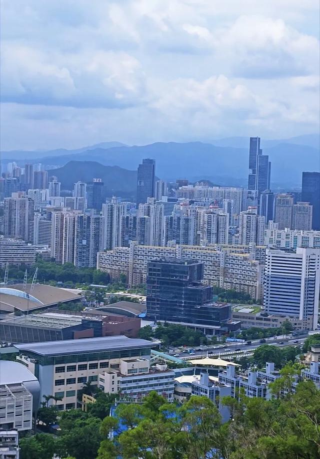 深圳笔架山山顶观光台，全景俯瞰深圳罗湖区摩天高楼群