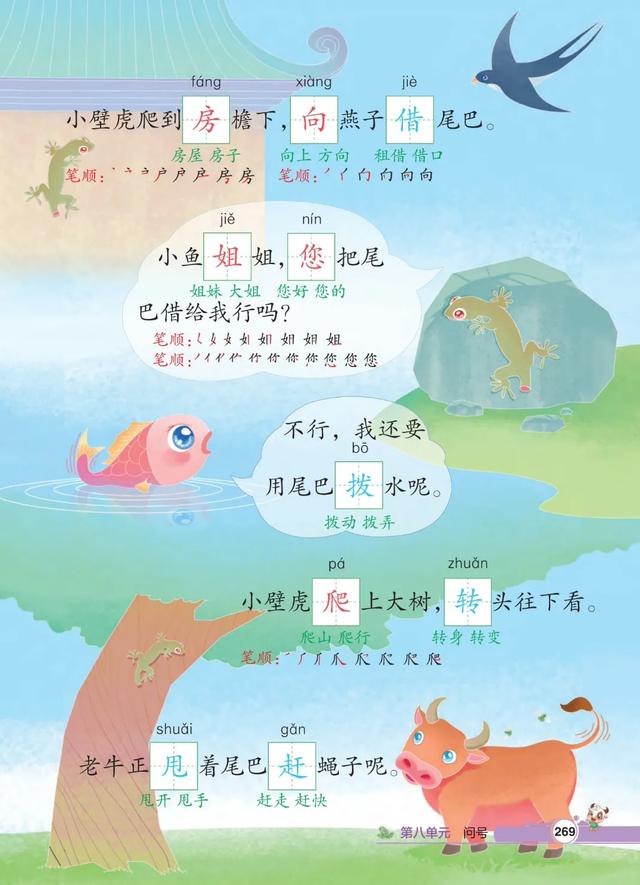 一年级语文下册，第八单元20课《小壁虎借尾巴》笔记+解析，收藏