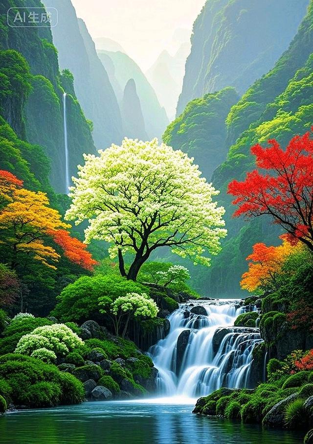 青山、彩树配瀑布，这自然风景看着太治愈了