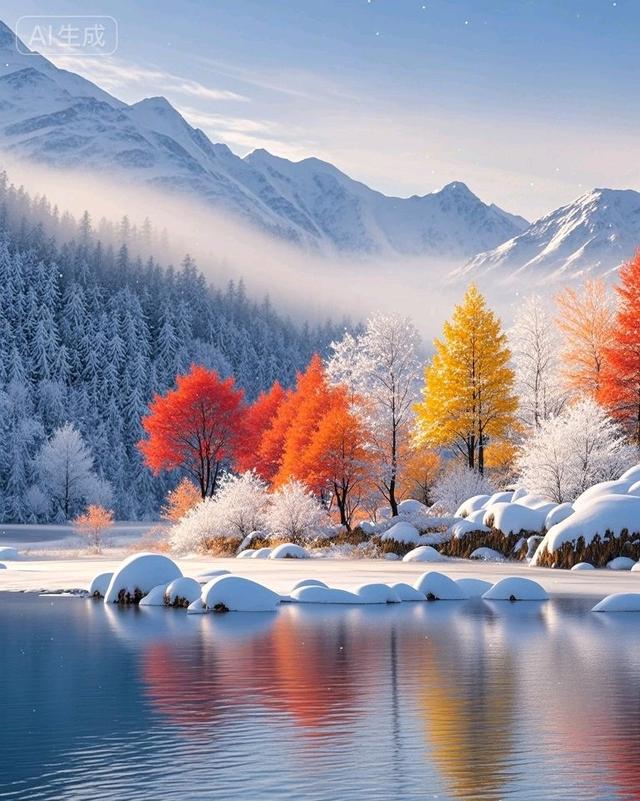 雪山彩林映湖光，一半秋意一半冬