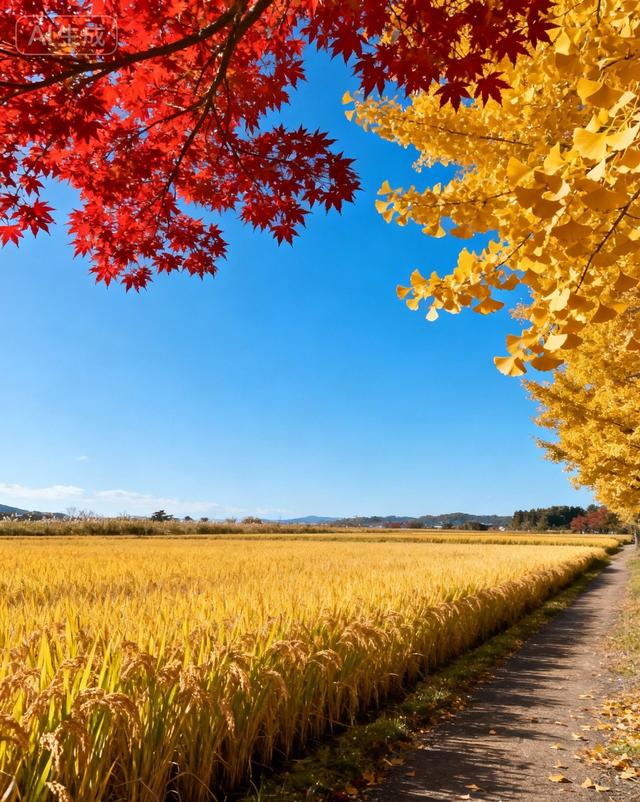 当蓝天撞了枫杏色，稻田就漾开了满季金黄