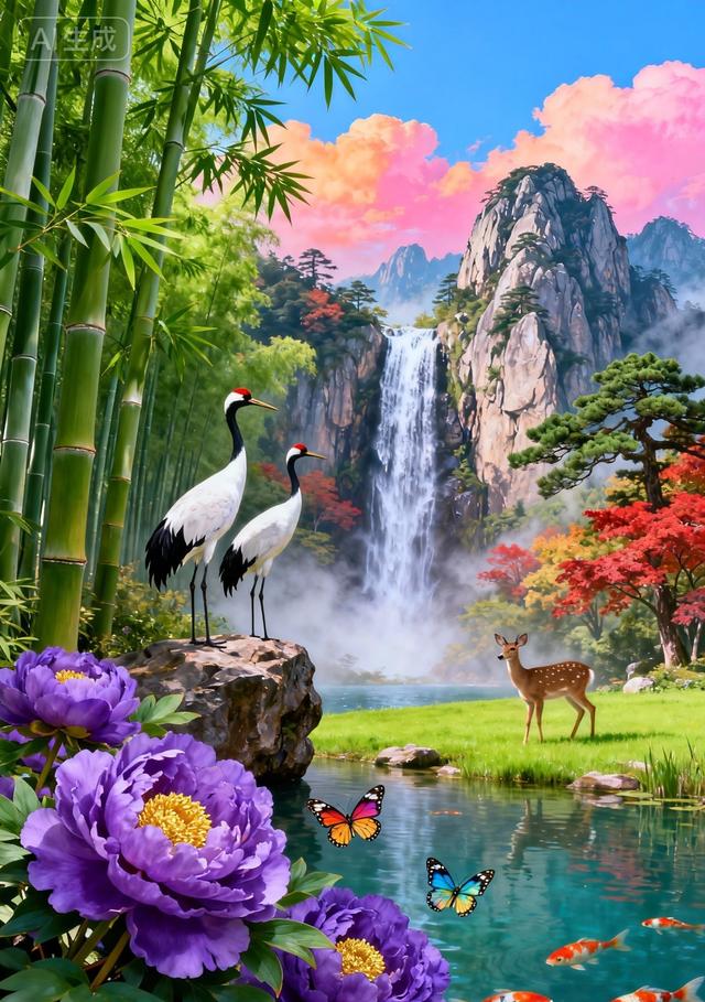 翠竹丹鹤映紫牡丹，仙山瀑布伴锦鲤，满眼皆是好风光