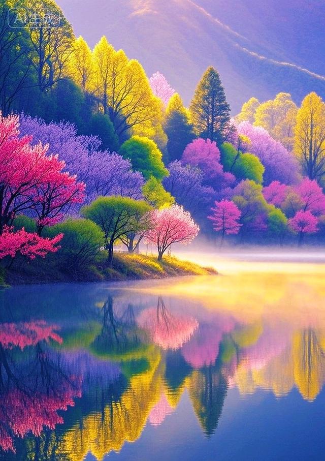 树染湖光，这湖景是把所有色彩都铺成了画