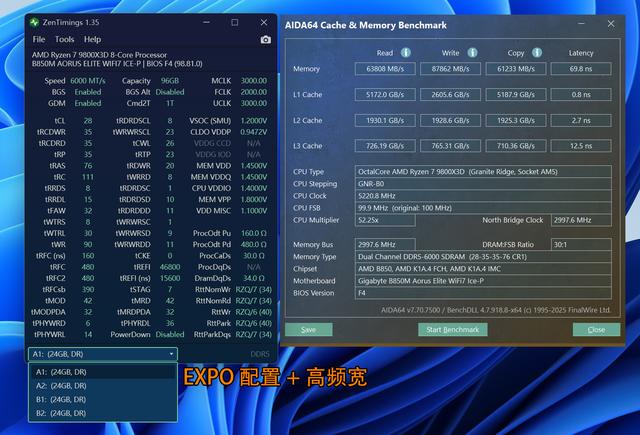 银白顶配，98X3D+技嘉B850M雕妹+索泰RTX 5080+6400C28 96GB装机