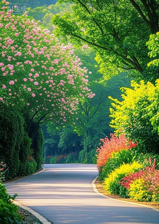 花簇缠林，彩枝垂径，弯路上光影织就满目斑斓画境