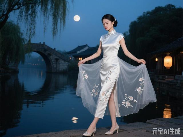 米白色梦幻旗袍美女图片鉴赏（末尾附ai提示词）