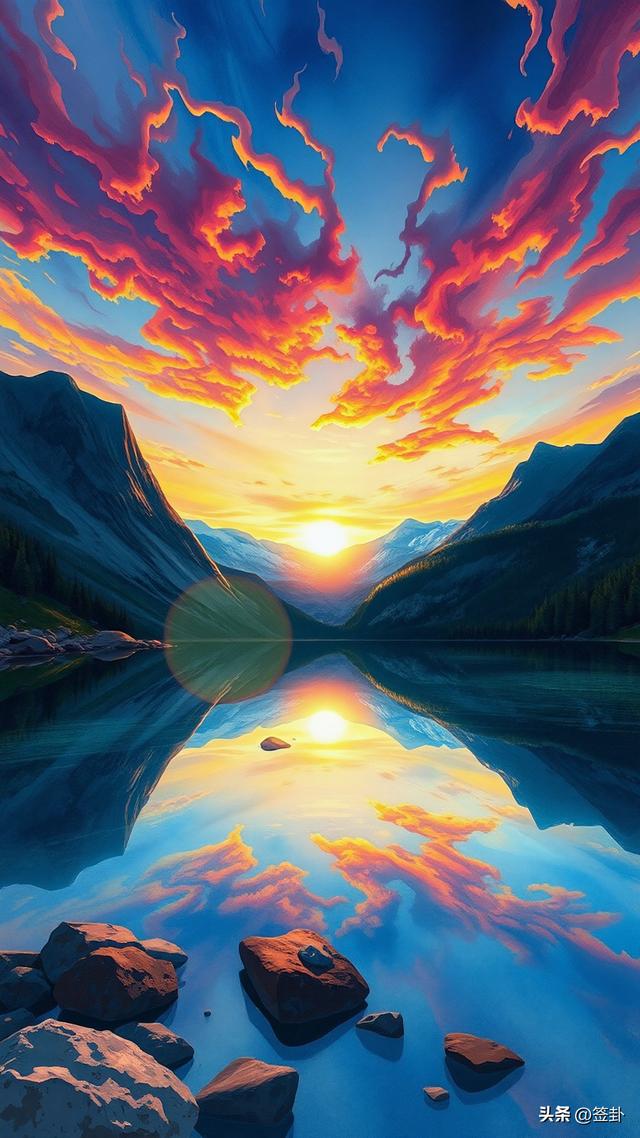 晚霞下的山川河流