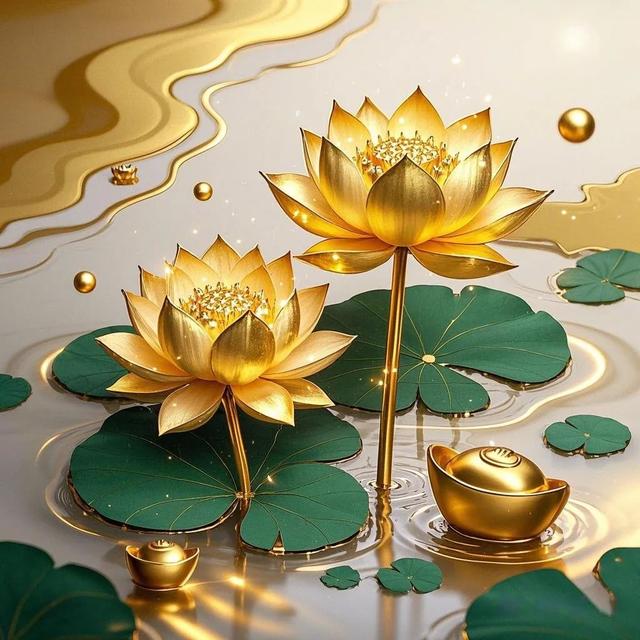 金色莲花与元宝‖财富与好运