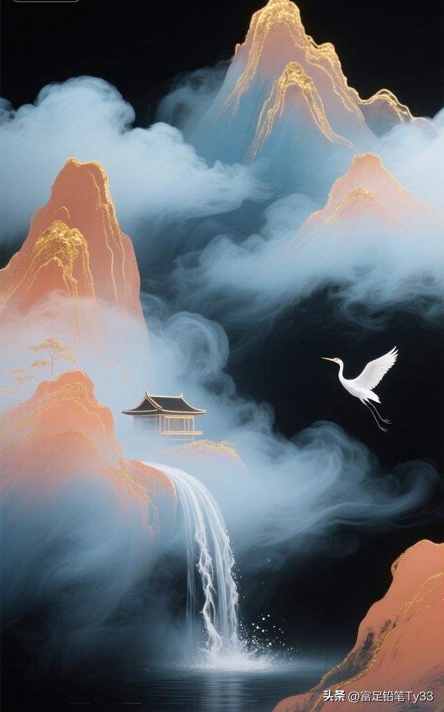 仙境般的瀑布与飞鸟，梦幻般的东方山水画！