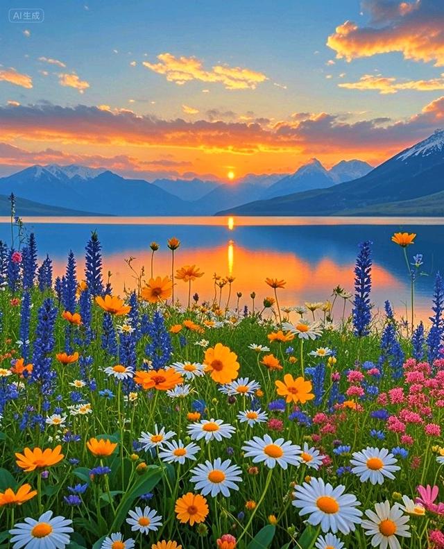 黄昏下的花海、湖泊与远山，每一处都美到让人心醉～