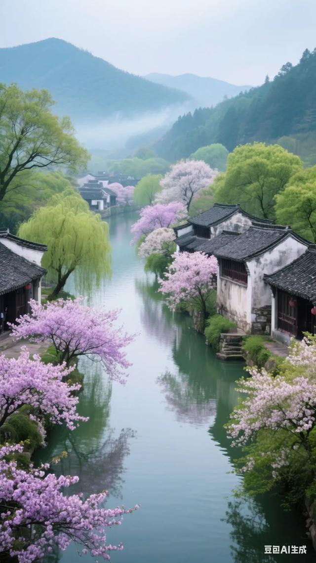 粉黛染春，水乡漾波，千年梦魂，系此烟霞，风过回廊诉旧盟！