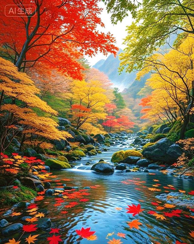 深山秋溪红枫舞，石上清泉彩叶流