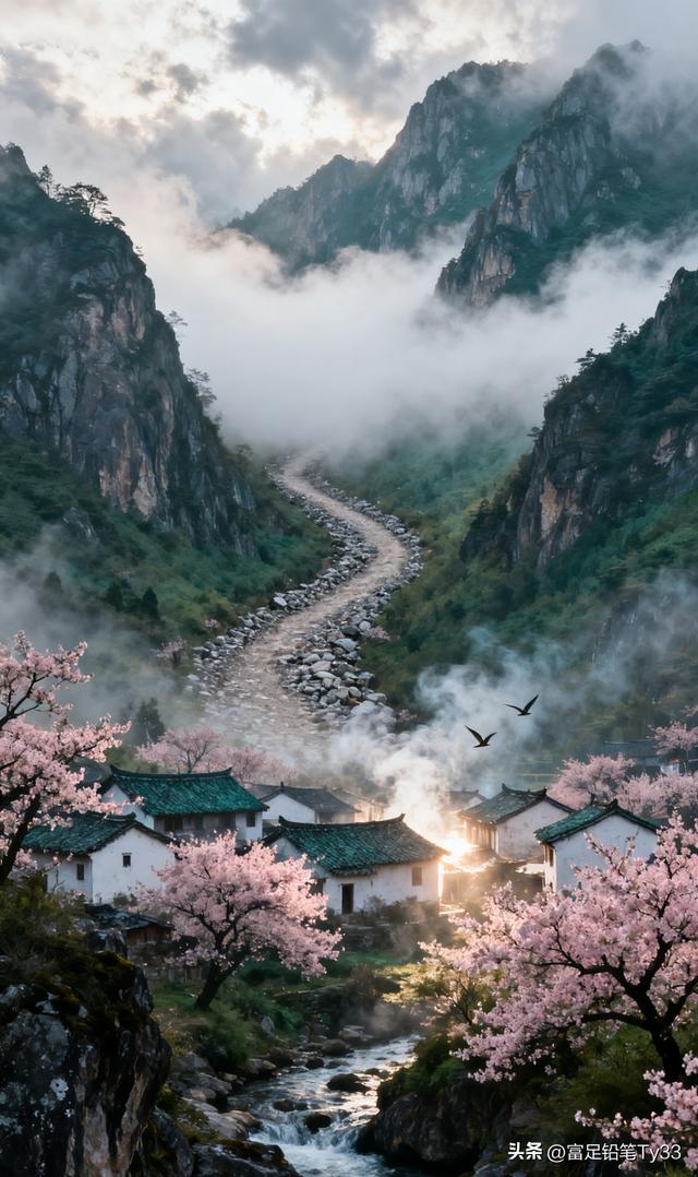 云雾缭绕的世外桃源，粉嫩樱花映衬古村落，仙境般的宁静与美丽！