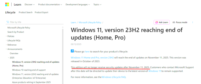 微软宣布11月11日终止支持Win11 23H2，建议升级至最新版本