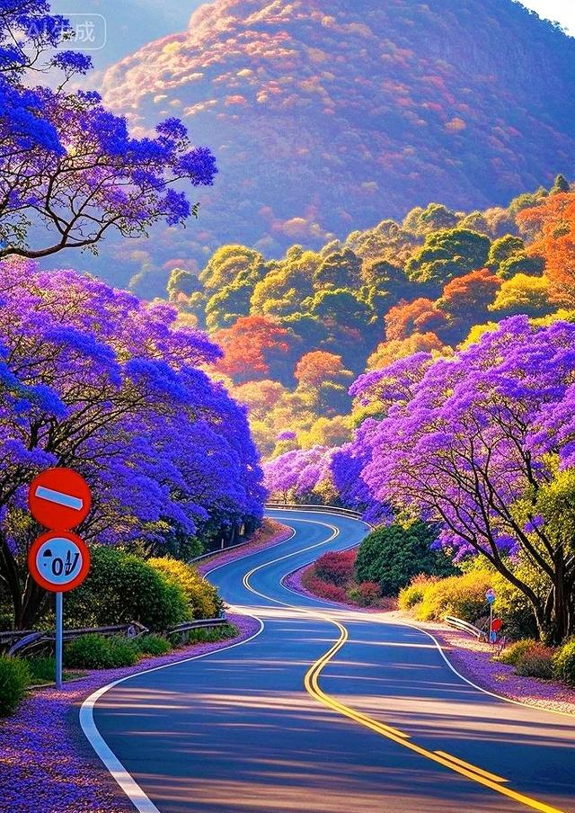 这条紫花满径的山间公路，美得不像话！