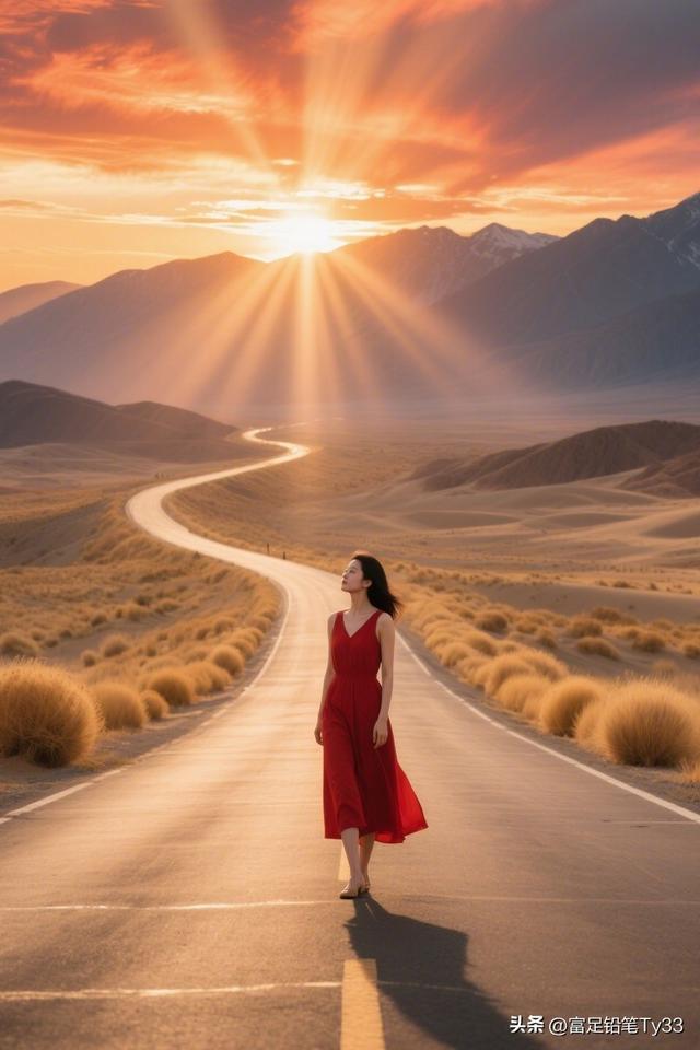 夕阳下的红裙女子，沙漠公路的浪漫邂逅！