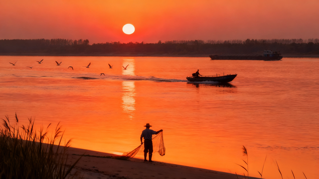 夕阳坠入江心，把晚霞酿成了温柔的晚安