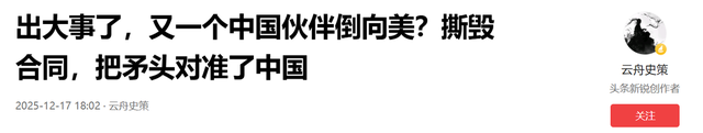 又出现一个中国伙伴倒向美？撕毁合同，把矛头对准了中国