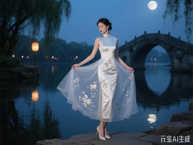 米白色梦幻旗袍美女图片鉴赏（末尾附ai提示词）