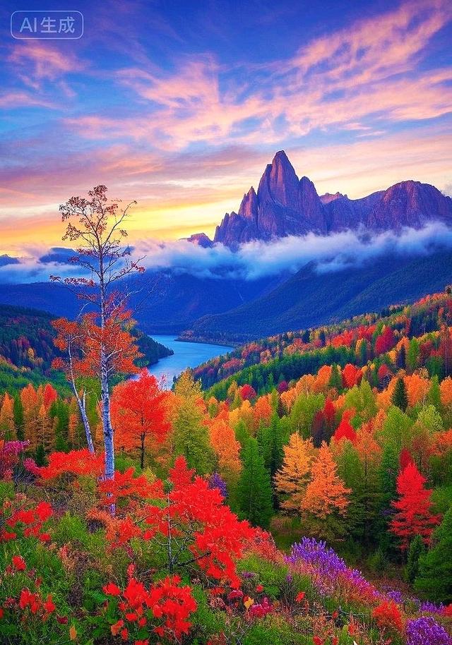 峰隐云间，秋林尽染