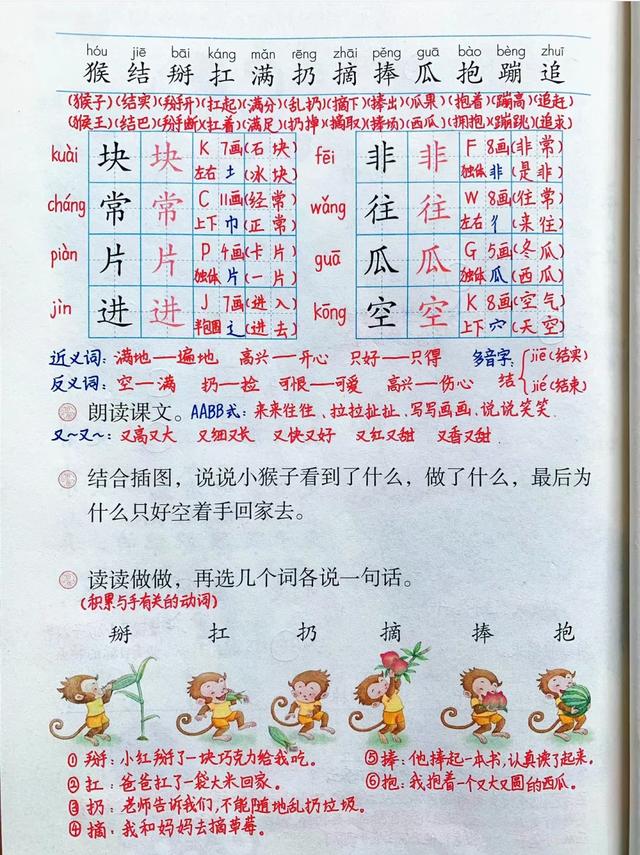 一年级下册语文，第七单元课文17《猴子下山》课堂笔记+课堂解析