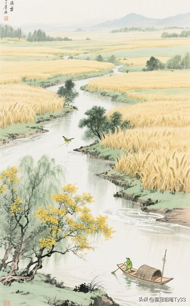 在田园风光中，划船的农夫与飞翔鸟儿，构成了一幅宁静的乡村画卷