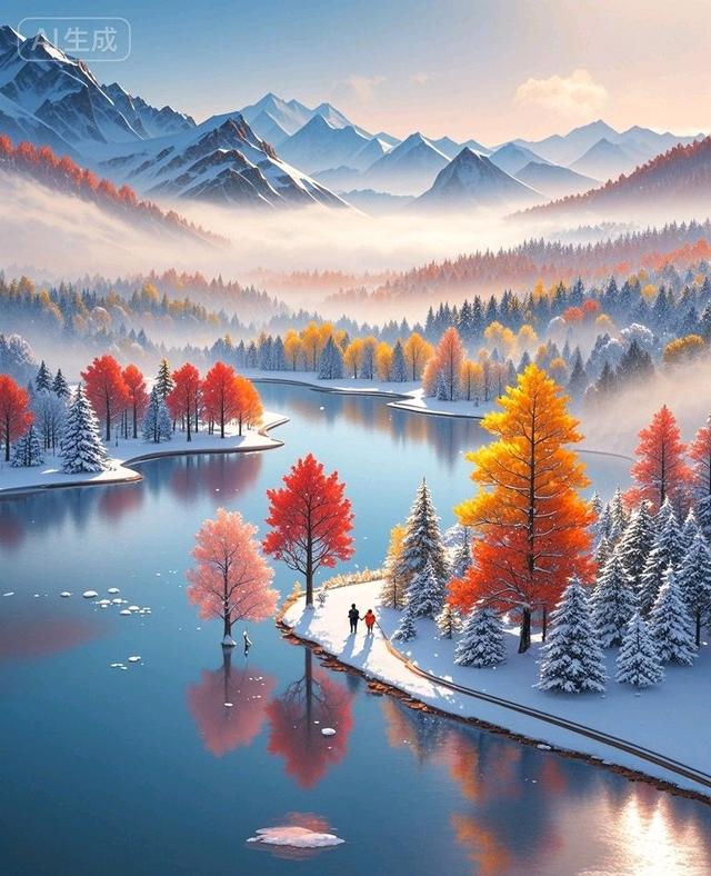 雪山彩林映湖光，一半秋意一半冬