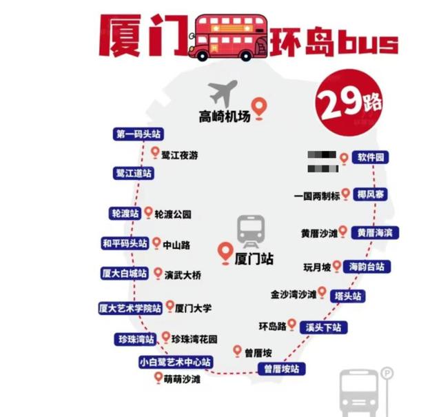 厦门29路公交，途经曾厝垵、厦大白城、轮渡等，厦门1元环海巴士