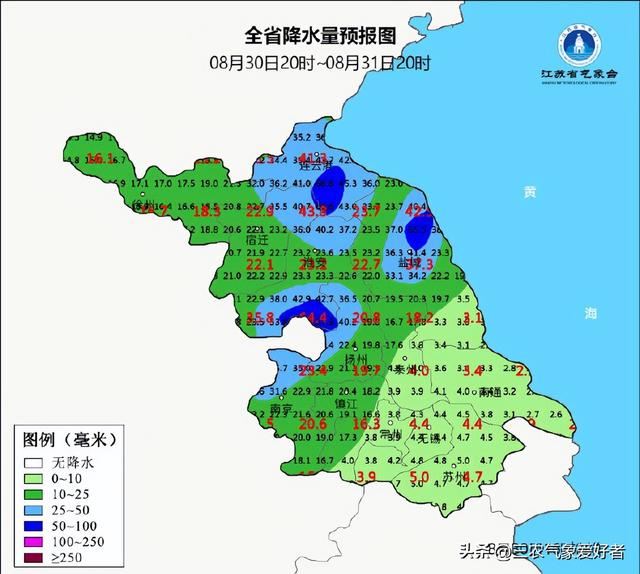 江苏！本轮高温中心已确定，明天9月1号天气预报，高温分布如下