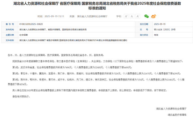 2025年湖北社保缴费标准出炉！三档基数、比例及金额详解